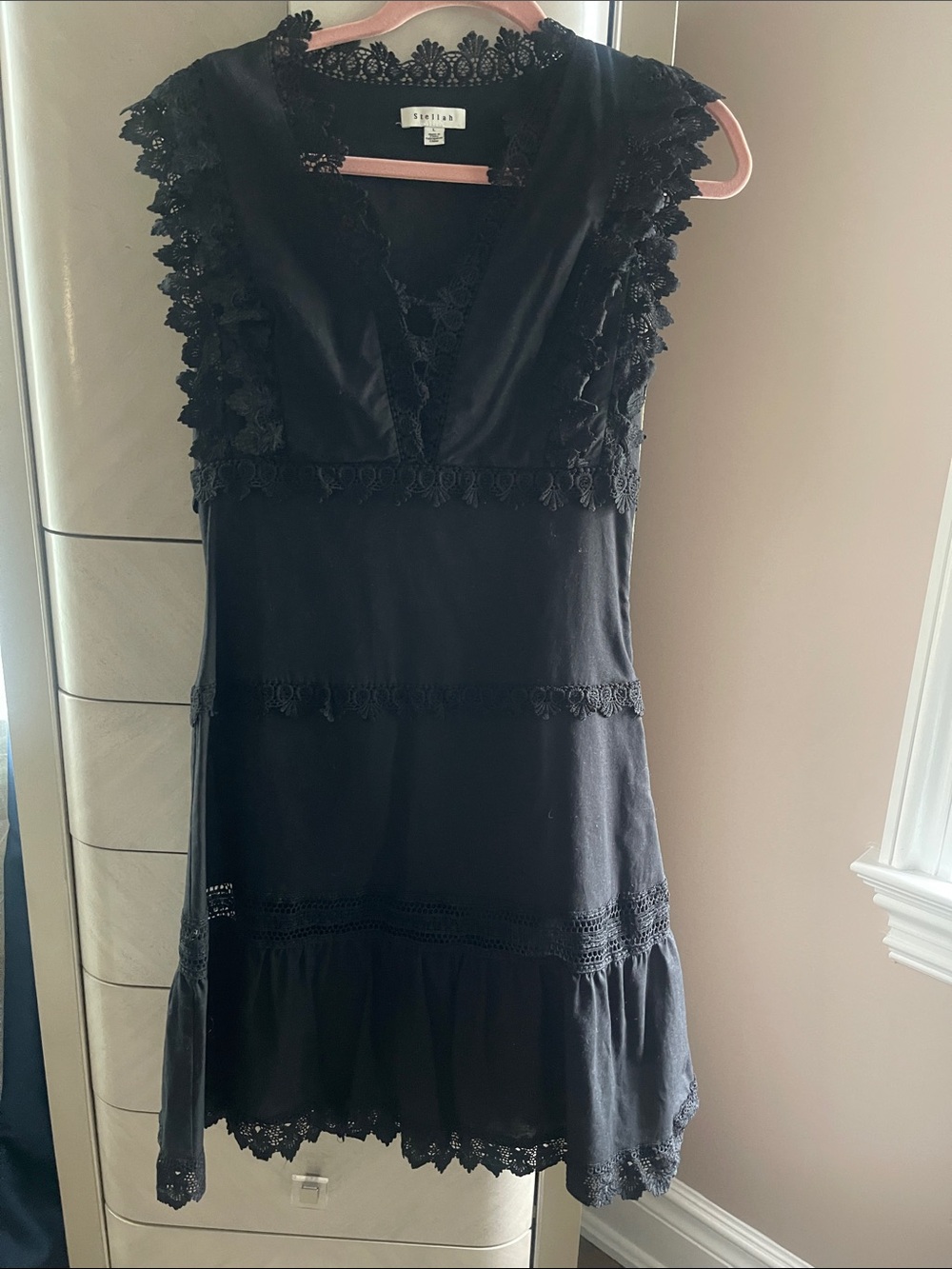 Stellah Black Lace-Trim V-Neck Mini Dress